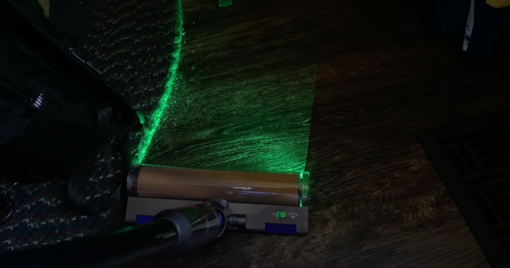 The Laser Slim Fluffy cleaner head illuminates dust and debris