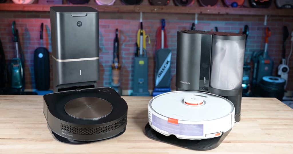 iRobot Roomba s9 plus and Roborock S7 plus side-by-side
